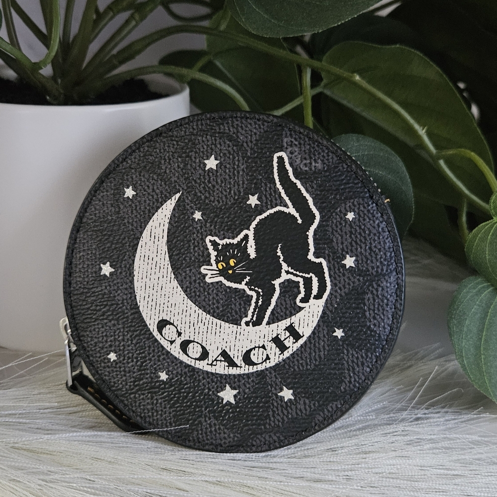 Coach nip Black kitty cat Zip Round Coin Case signature coated canvas Halloween